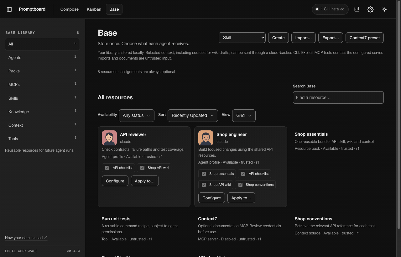 Animated demonstration of reusable agents, context, and tools in Promptboard Base.