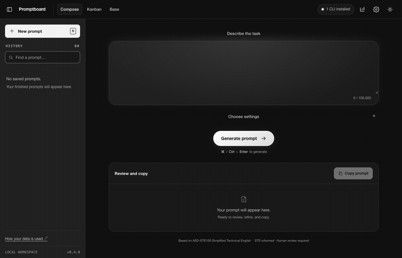 Animated demonstration of preparing a coding-agent prompt in Promptboard Compose.