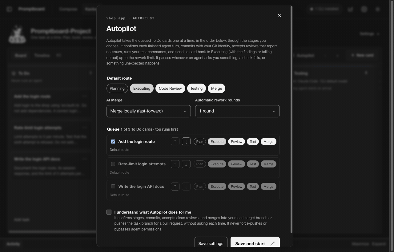 Animated demonstration of managing tasks and agent workflow stages in Promptboard Kanban.